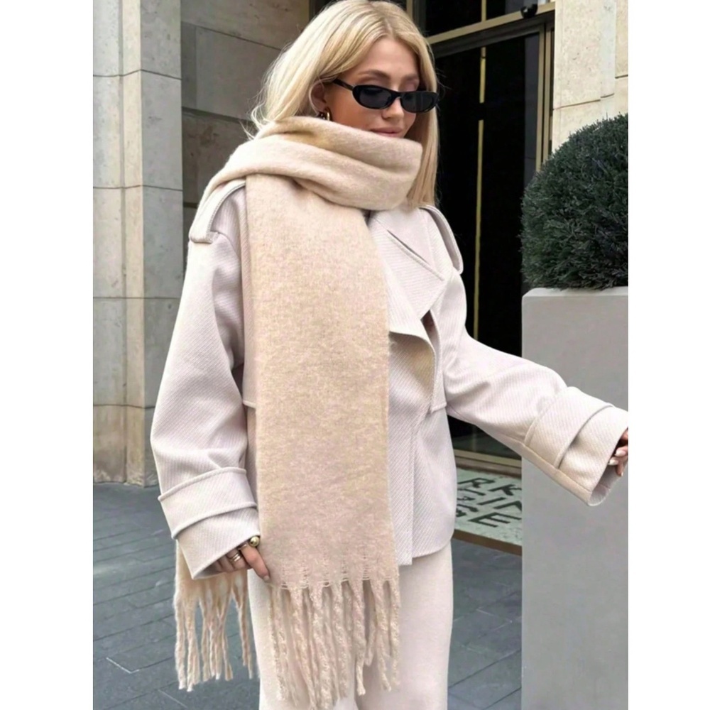 Beige Wide Shawl Scarf With Tassels Fuzzy Knit